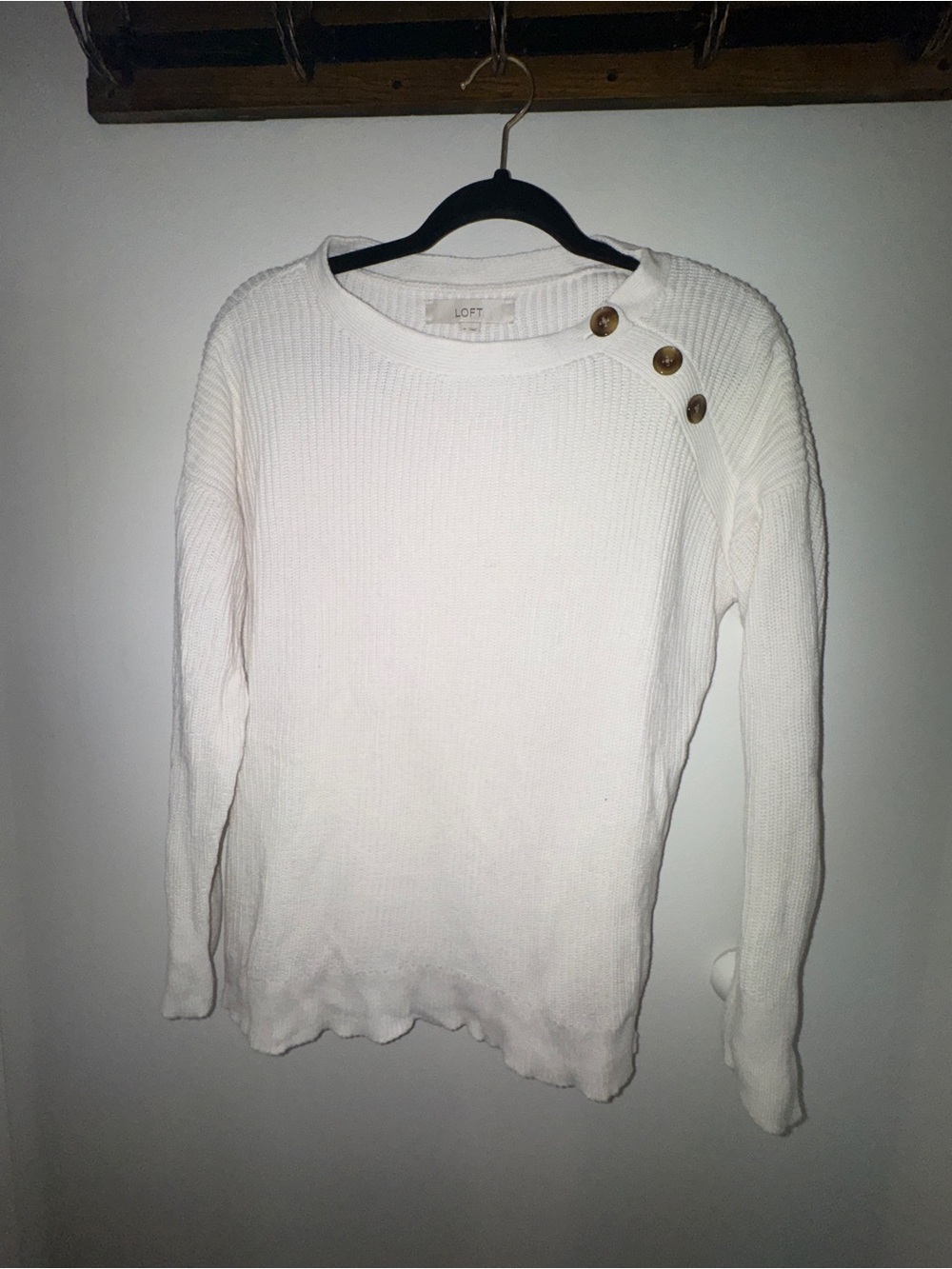 LOFT white Ribbed Sweater with Shoulder Button Detail